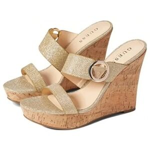 Guess Platform Cork Wedge Sandals Metallic Gold Glitter Logo Buckle Womens 8.5 M